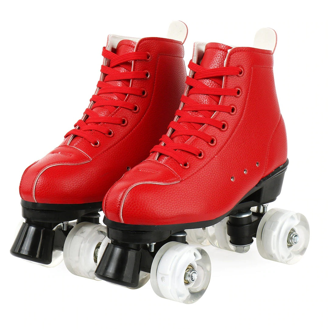 Big Red Cowhide Quad Skates With Flashing Wheels And Wear Resistant Boots