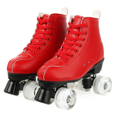 Big Red Cowhide Quad Skates With Flashing Wheels And Wear Resistant Boots
