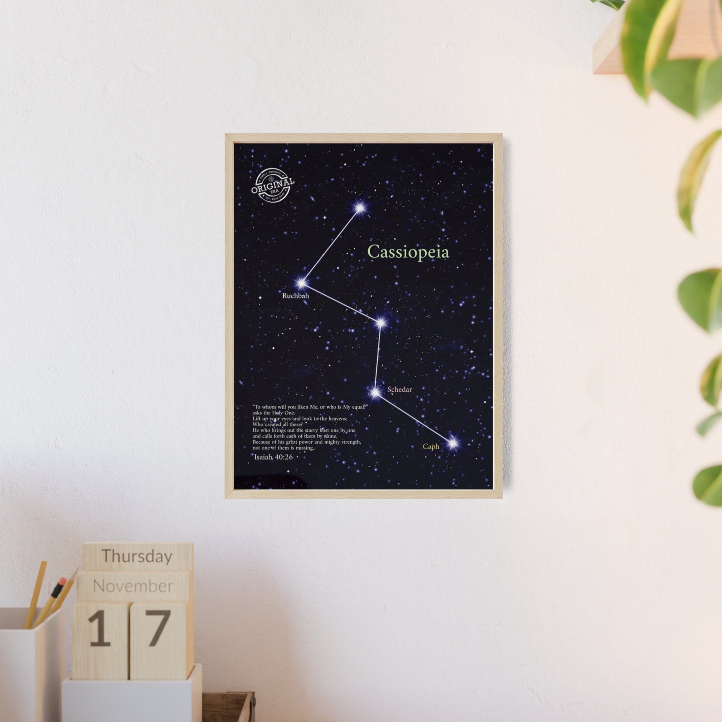Cassiopeia Constellation Poster with Wooden Frame — Star Map Wall Art