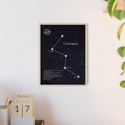 Cassiopeia Constellation Poster with Wooden Frame — Star Map Wall Art