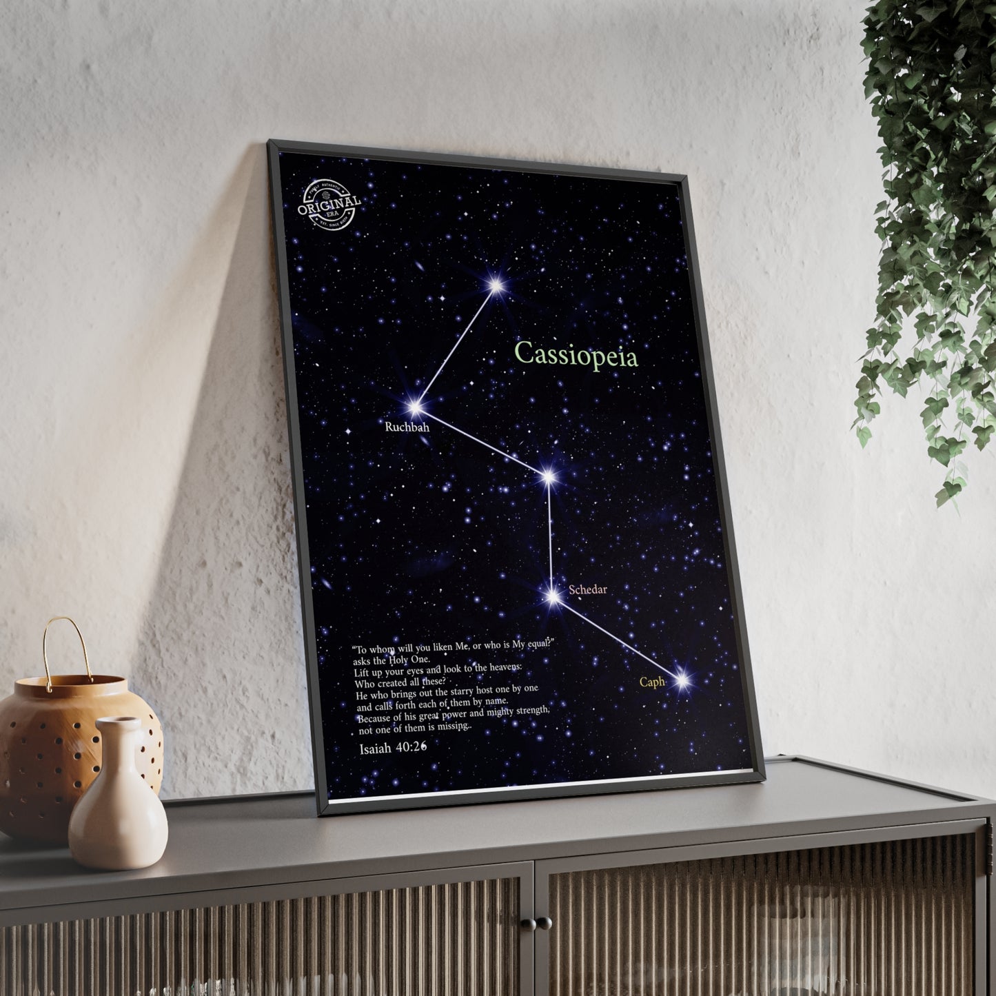 Cassiopeia Constellation Poster with Wooden Frame — Star Map Wall Art