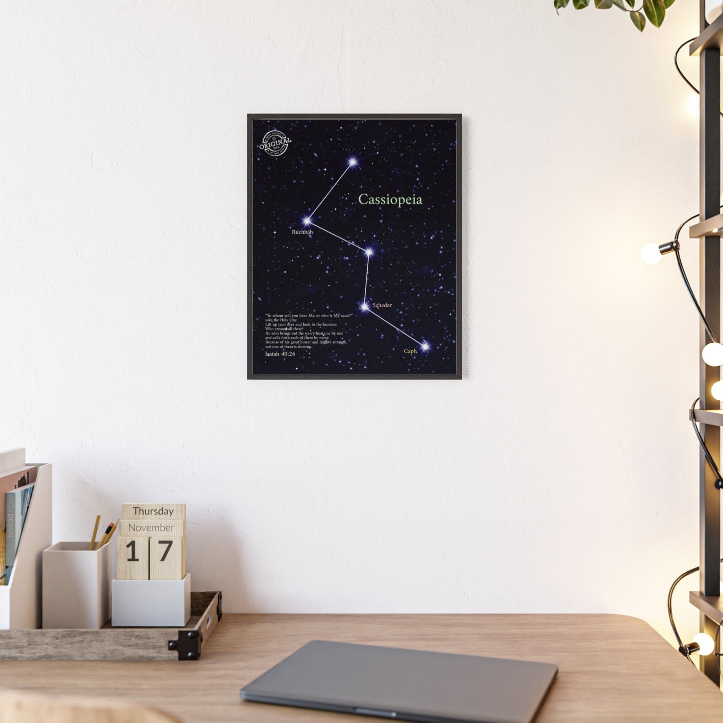 Cassiopeia Constellation Poster with Wooden Frame — Star Map Wall Art
