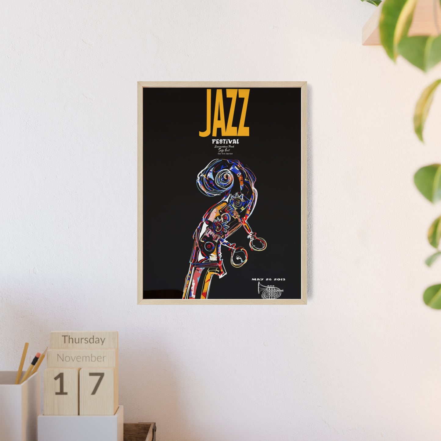 Jazz Festival Poster with Wooden Frame — Colorful Double Bass Art Print
