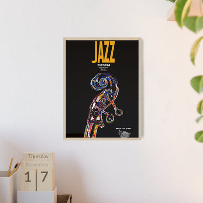 Jazz Festival Poster with Wooden Frame — Colorful Double Bass Art Print