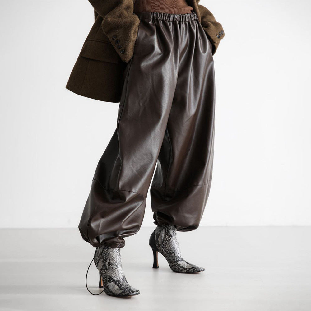 Women's Drawstring Ankle-tied Bloomers Loose PU Leather Pants