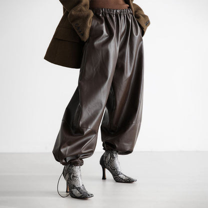 Women's Drawstring Ankle-tied Bloomers Loose PU Leather Pants