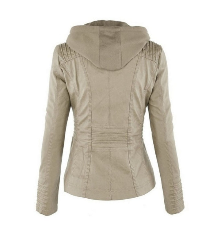 Women's Casual Leather Zipper Jacket With Detachable Hood