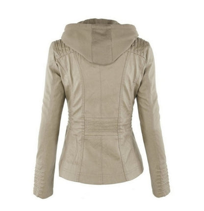 Women's Casual Leather Zipper Jacket With Detachable Hood