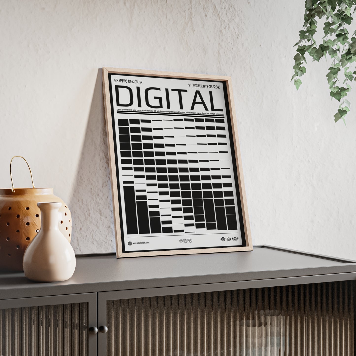 Digital Grid Poster with Wooden Frame — Modern Black & White Wall Art