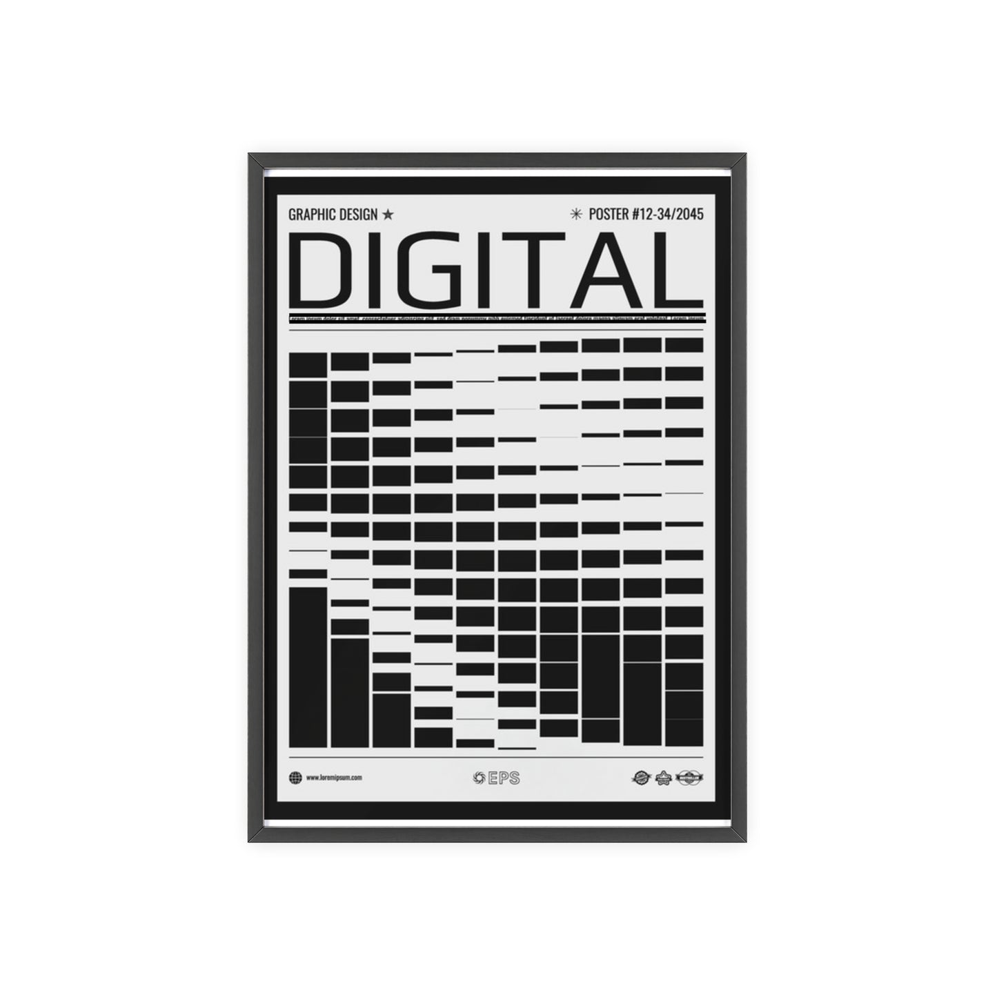Digital Grid Poster with Wooden Frame — Modern Black & White Wall Art
