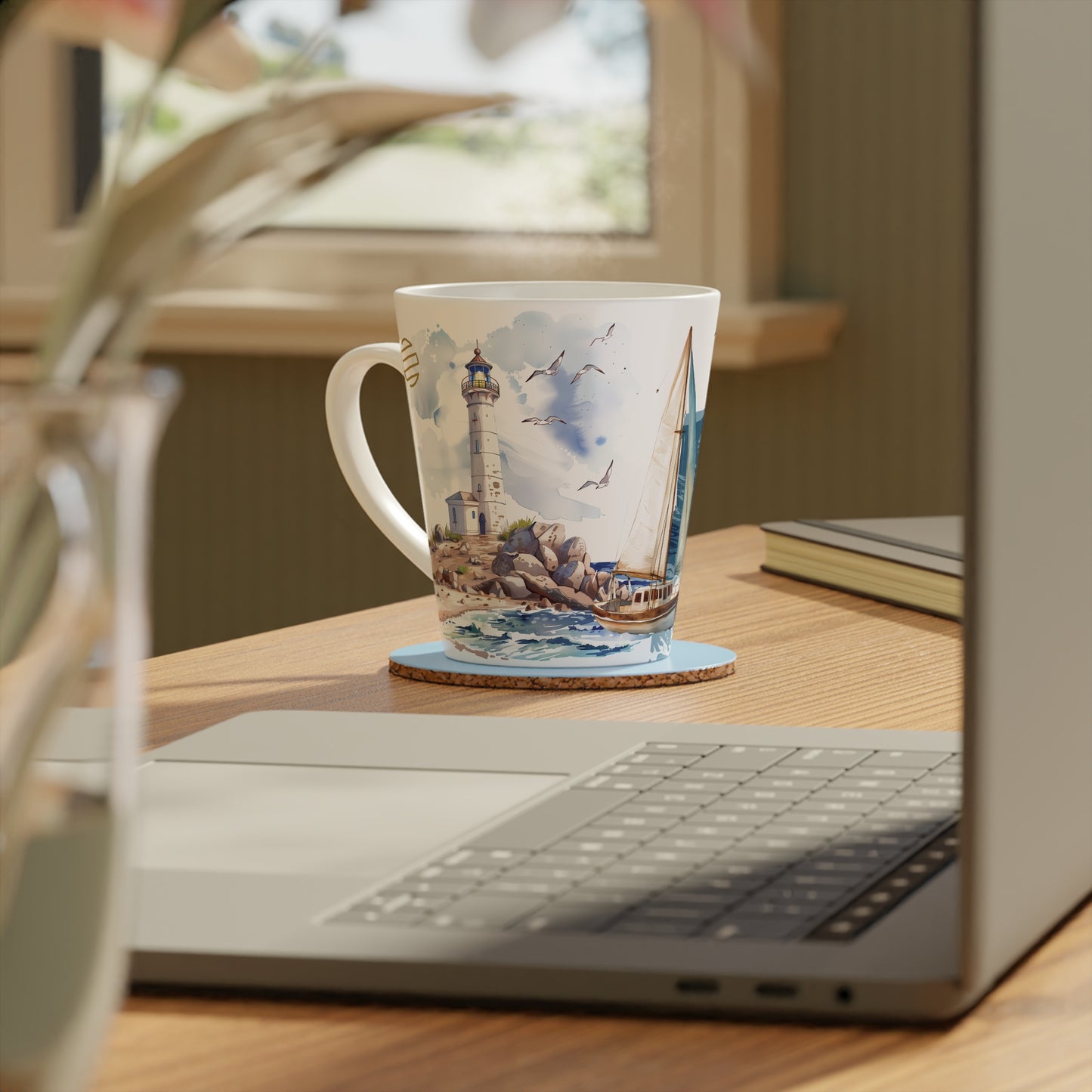 Sailboat & Lighthouse Latte Mug — 12oz Coastal Nautical Coffee Cup
