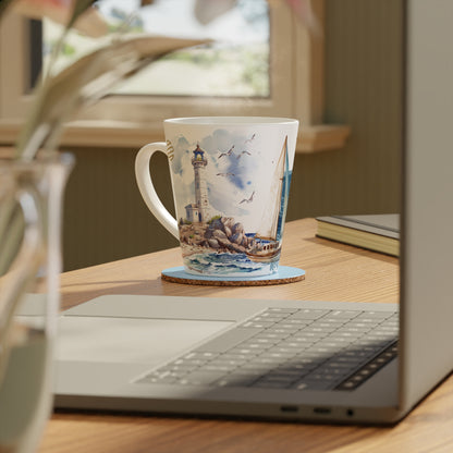Sailboat & Lighthouse Latte Mug — 12oz Coastal Nautical Coffee Cup