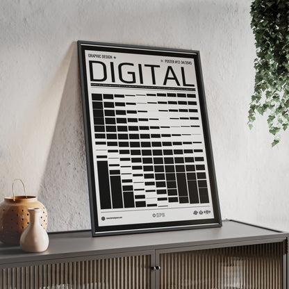 Digital Grid Poster with Wooden Frame — Modern Black & White Wall Art