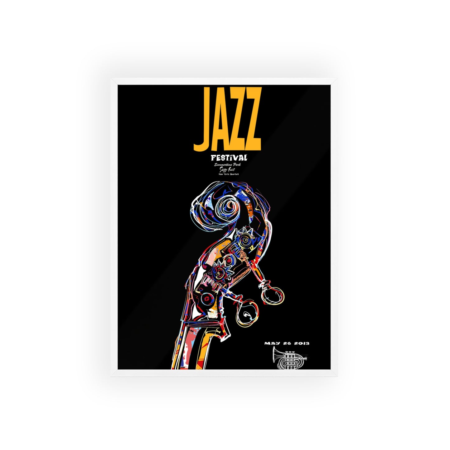 Jazz Festival Poster with Wooden Frame — Colorful Double Bass Art Print