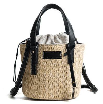 Women's bag hand-woven contrast color bucket straw bag cylinder handbag diagonal shoulder beach bag