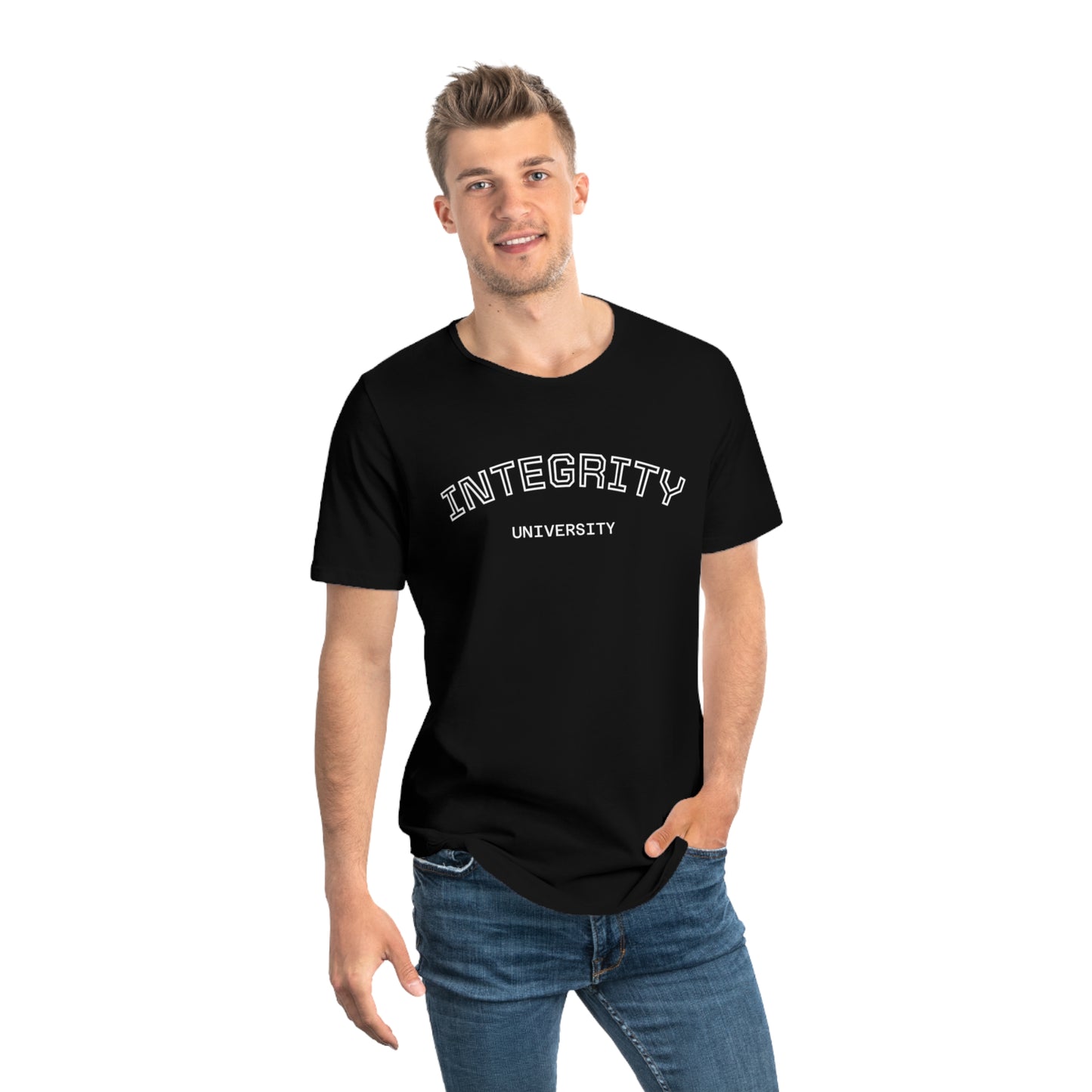 Integrity University Curved-Hem Tee — Modern Collegiate Men’s T‑Shirt
