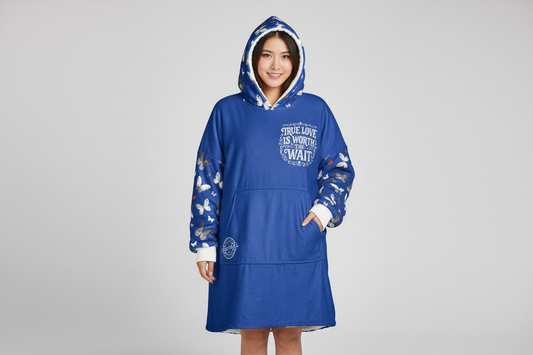 True Love Is Worth the Wait Hooded Blanket — Blue Cozy Throw with Butterfly Sleeves