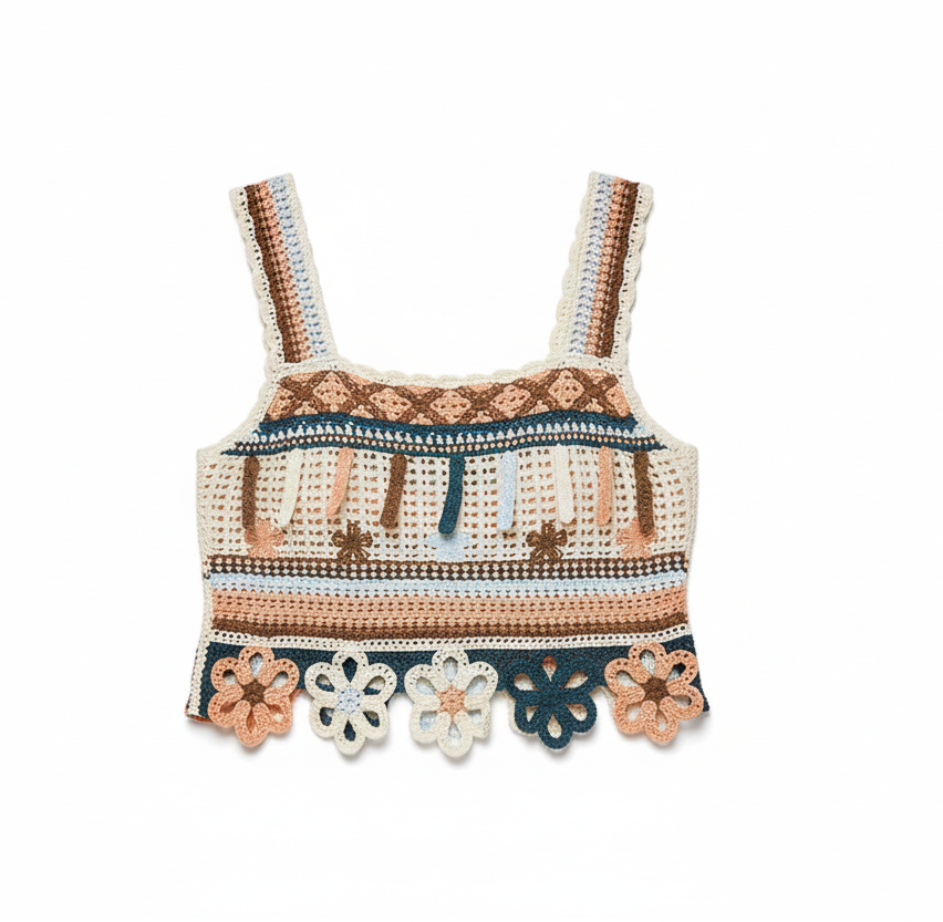 POL Cutout Flower Cropped Crochet Cami with with Dangle Detail