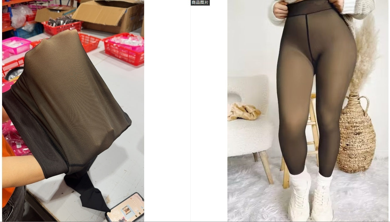 Women's One-line True See-through Leggings Fleece-lined - Warm Outer Wear Pantyhose