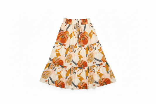 Women's Floral Tiered Midi Skirt Elastic Waist Dressy Casual A-line Flowy Boho Skirts