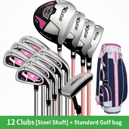 Golf club set with driver, fairway woods, and irons on a white background