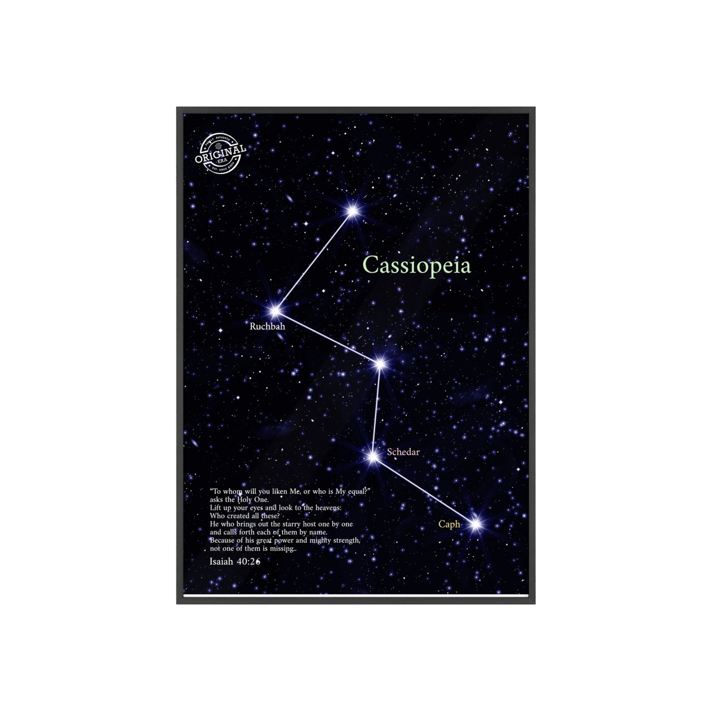 Cassiopeia Constellation Poster with Wooden Frame — Star Map Wall Art