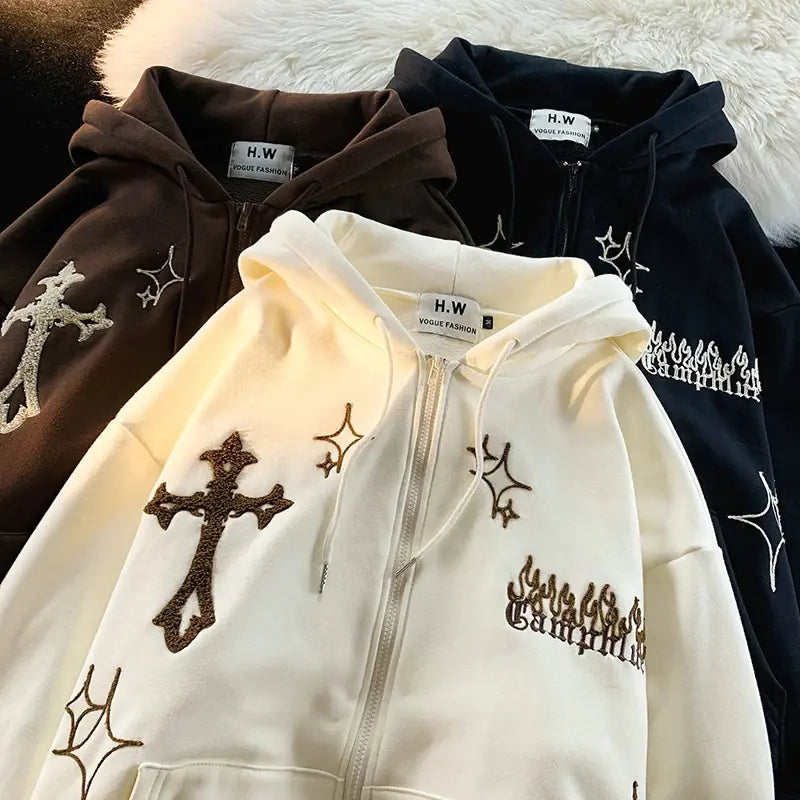 Retro Embroidered Zipper Hoodie Sweatshirt