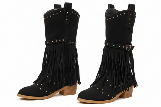 Fringe Point Toe Block Heels Boots