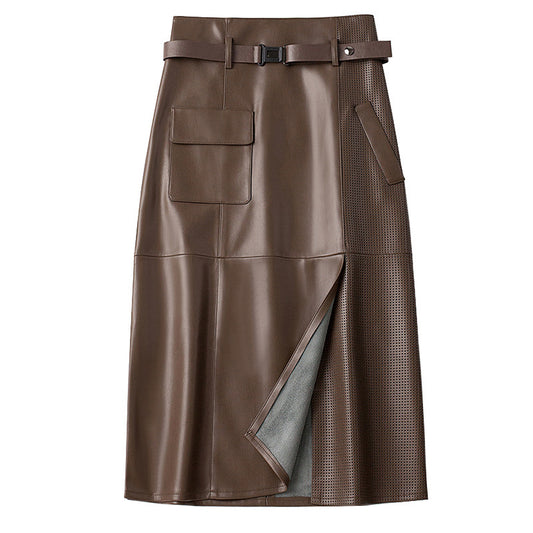 Women's PU Leather Mid-length High Waist Slimming Hip Skirt