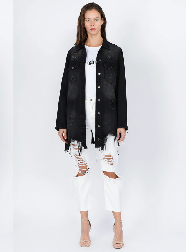 American Bazi Distressed Frayed Hem Denim Jacket