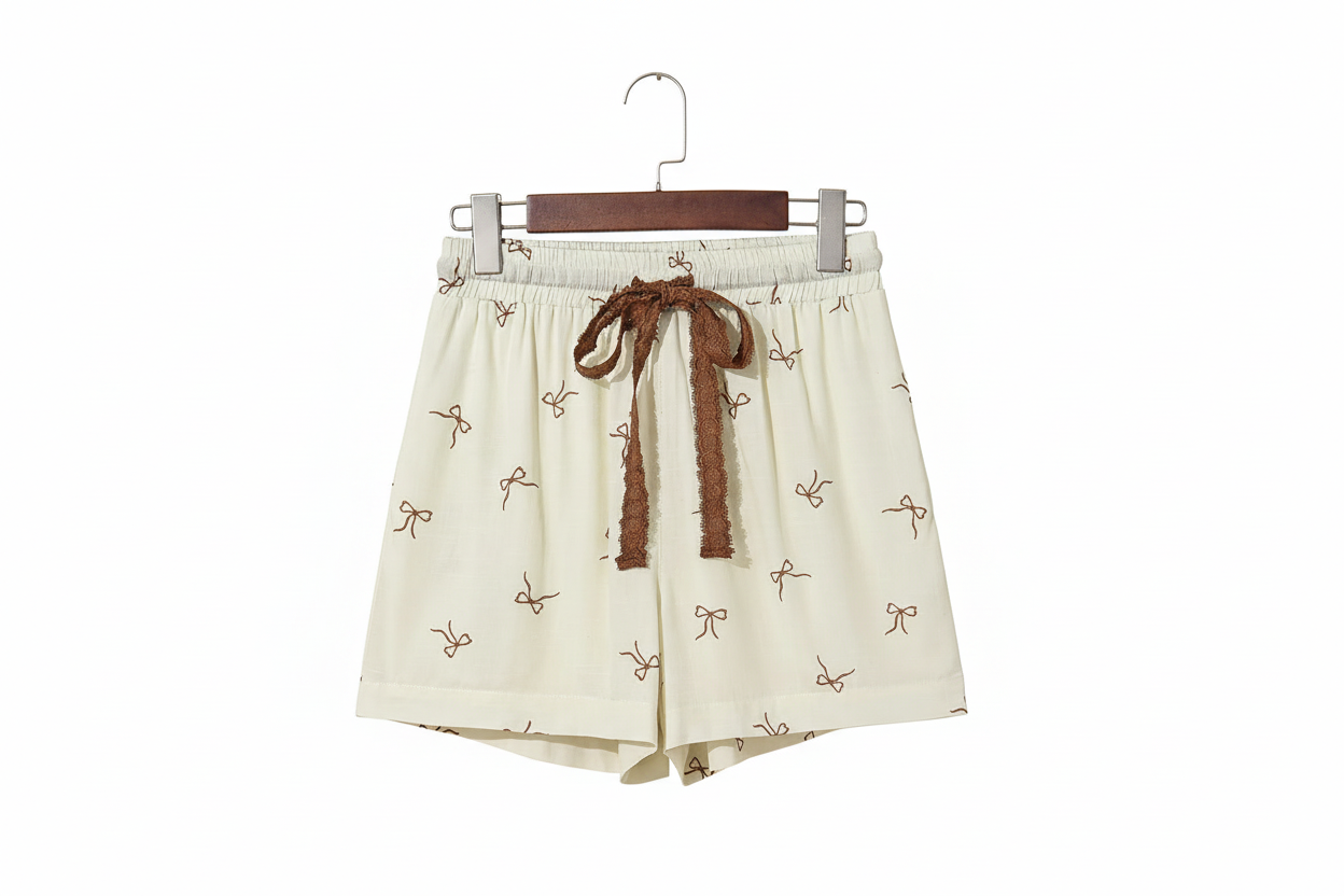 Bow Print Lace Drawstring Casual Shorts