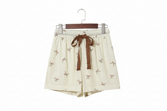 Bow Print Lace Drawstring Casual Shorts