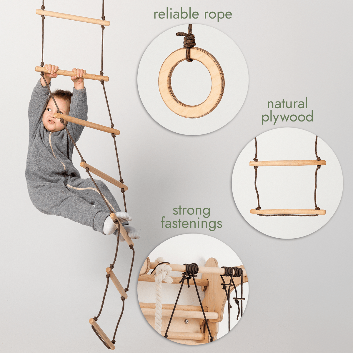 3in1 Swings Set: Rope Ladder + Gymnastic Rings + Disc Rope Swing