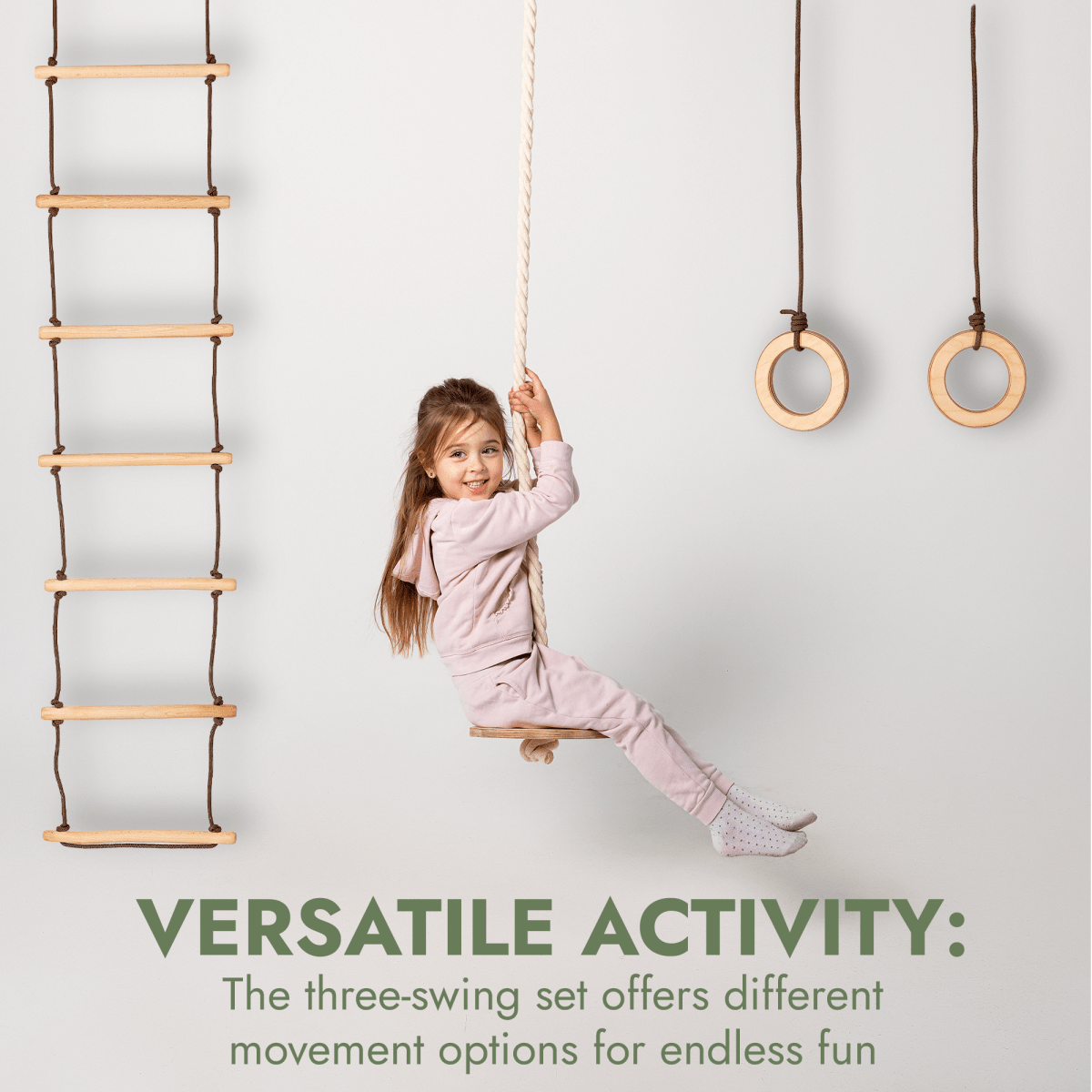 3in1 Swings Set: Rope Ladder + Gymnastic Rings + Disc Rope Swing