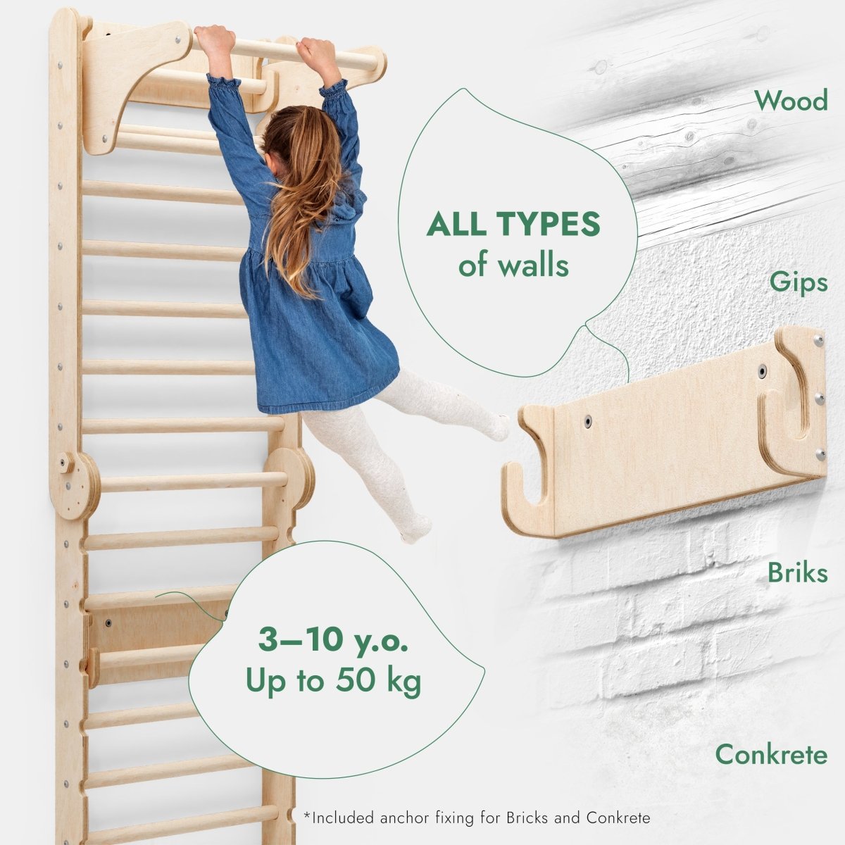 3in1: Wooden Swedish Wall / Climbing ladder for Children + Swing Set + Slide Board