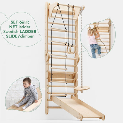 3in1: Wooden Swedish Wall / Climbing ladder for Children + Swing Set + Slide Board