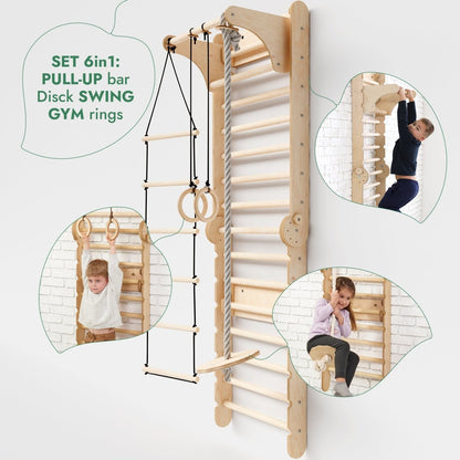 3in1: Wooden Swedish Wall / Climbing ladder for Children + Swing Set + Slide Board