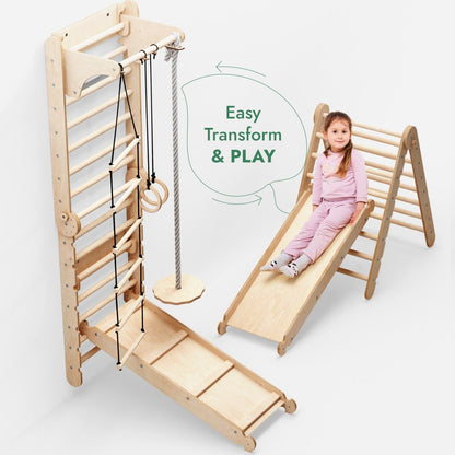 3in1: Wooden Swedish Wall / Climbing ladder for Children + Swing Set + Slide Board