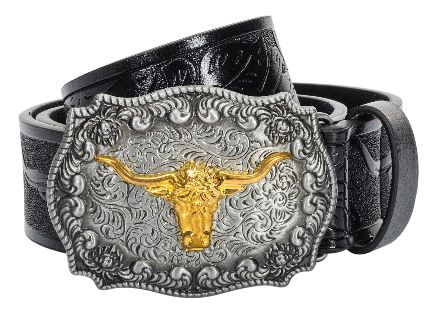Western-Floral-Leather-Bull-Buckle-Belt