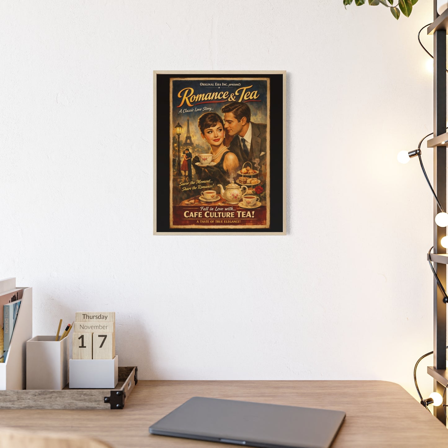 Romance & Tea Vintage Cafe Poster — Framed Wall Art