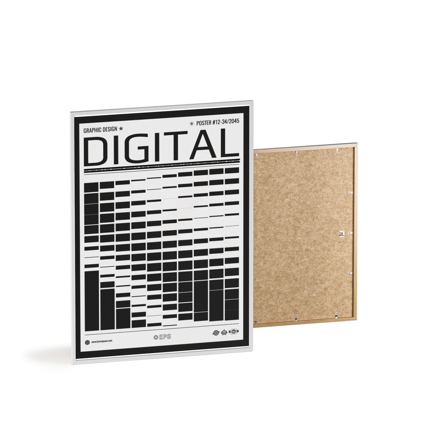 Digital Grid Poster with Wooden Frame — Modern Black & White Wall Art