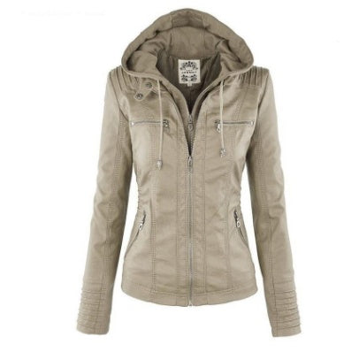 Women's Casual Leather Zipper Jacket With Detachable Hood