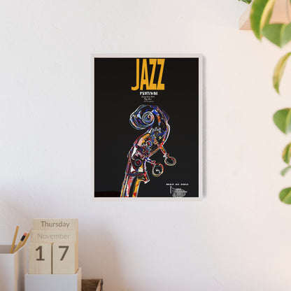 Jazz Festival Poster with Wooden Frame — Colorful Double Bass Art Print