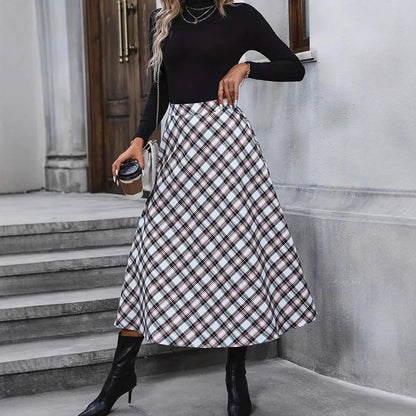 Women's High Waist Casual Loose Plaid Midi Skirt