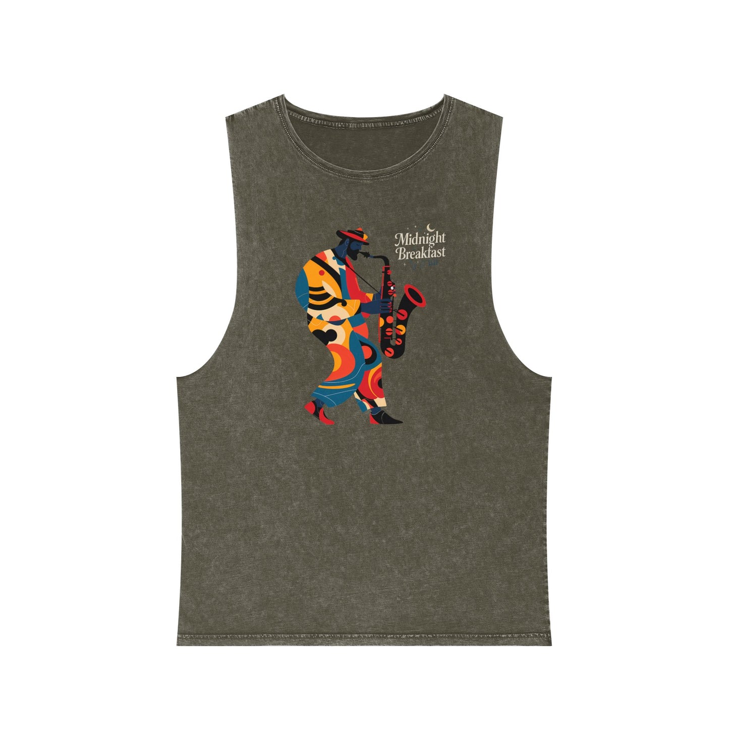 Midnight Breakfast Saxophone Silhouette Tank Top — Jazz Night Music Tee