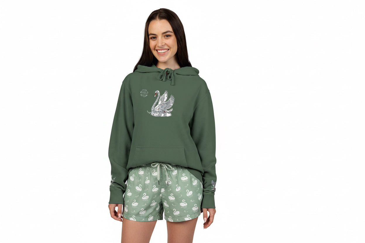 Embroidered Swan Graphic Hoodie — Vintage Pigment-Dyed