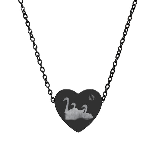 Engravable Heart Necklace with Swan Pair — Personalized Silver or Black Pendant