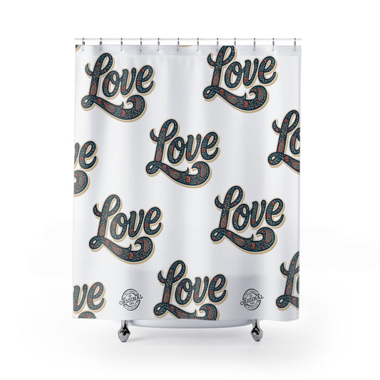 Love Pattern Shower Curtain (White) — Retro Paisley Script Bathroom Decor