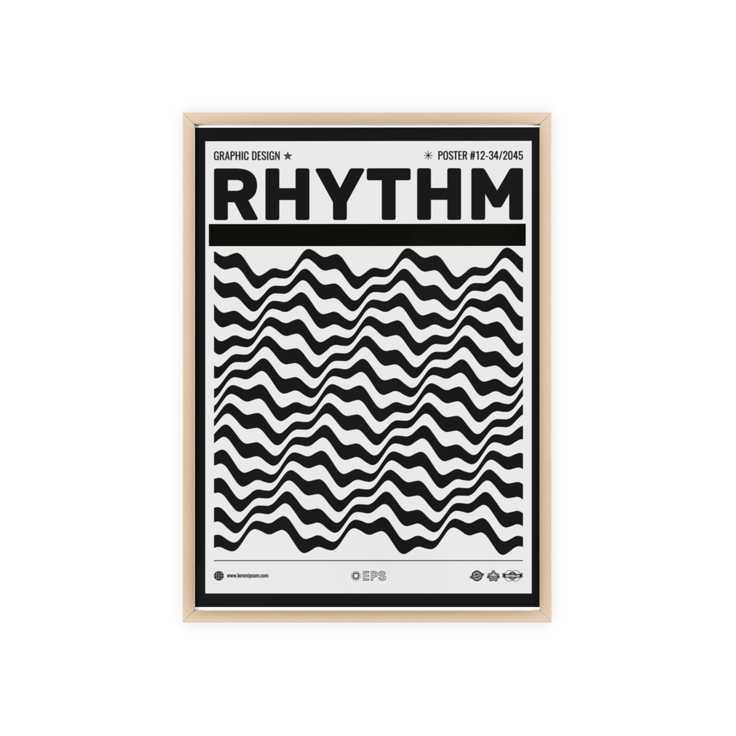 Rhythm Wave Art Poster with Wooden Frame — Black & White Modern Wall Print