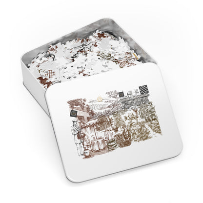 Vintage Cafe Culture Themed Jigsaw Puzzle with Tin